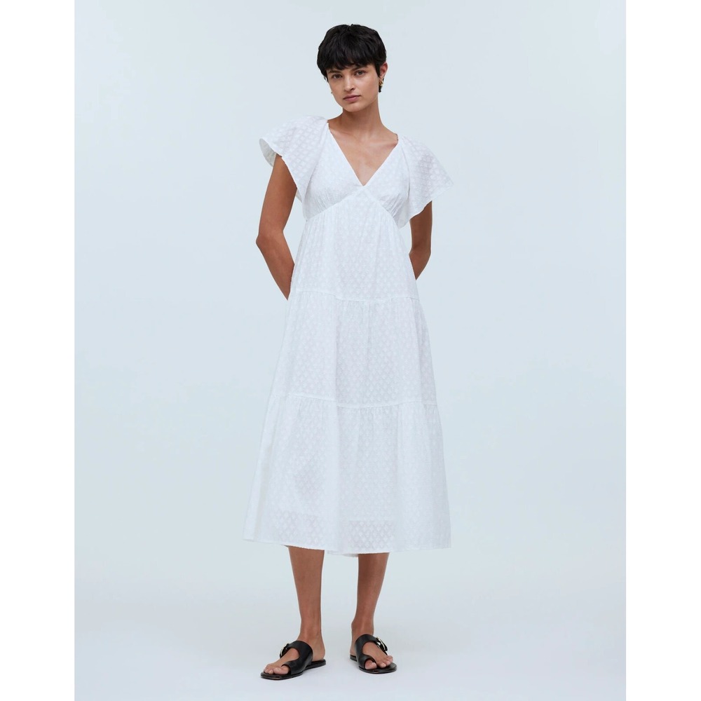 Madewell Womens Tie-Back Flutter-Sleeve Tiered Midi Dress Soft White Size 8